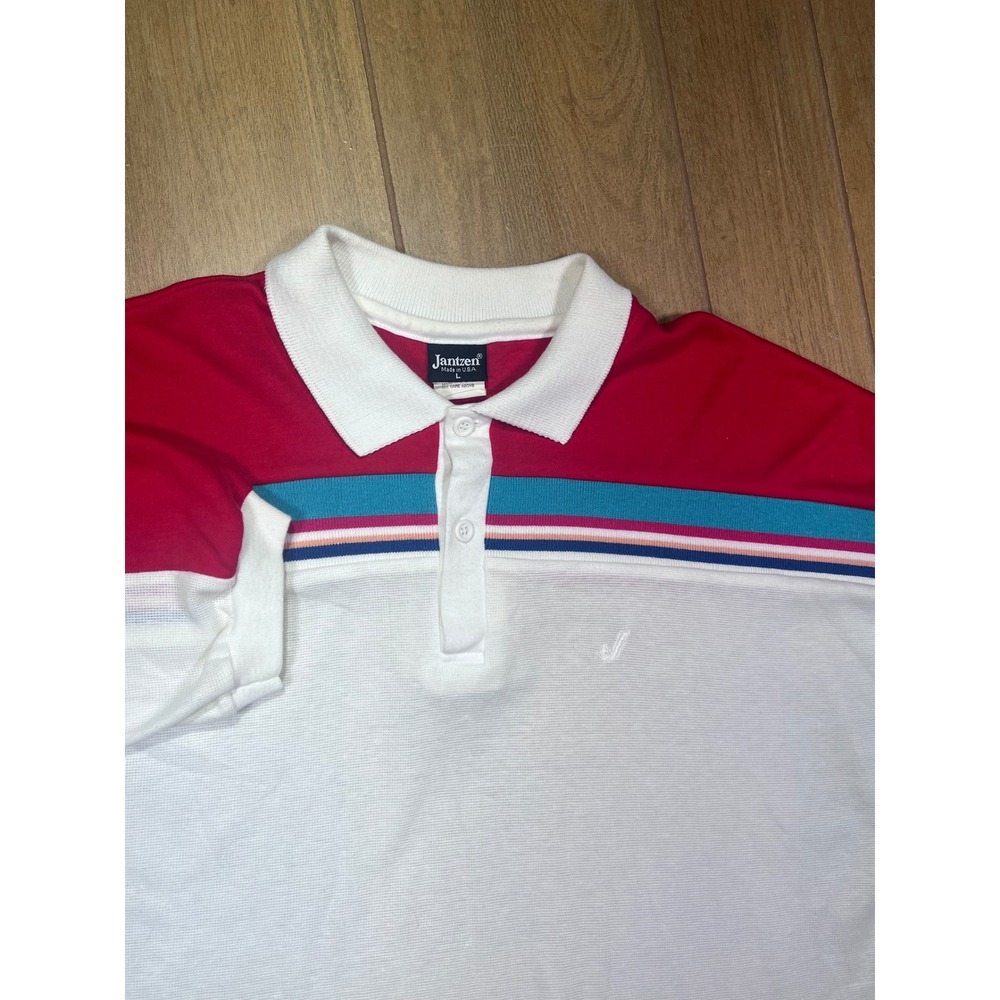 Jantzen Mens Vintage 80s Colorblock Striped Polo Shirt Red White Blue USA Large